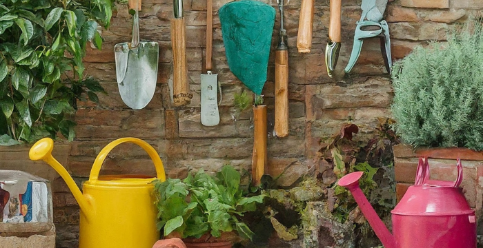 thriving garden with tools arranged neatly