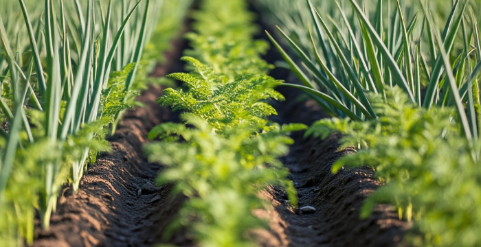 Carrots and onions planted together to deter pests.