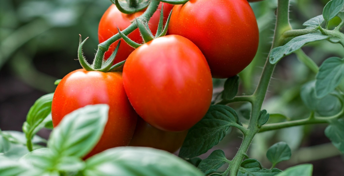 Tomatoes and basil companion planted for optimal growth and pest control.